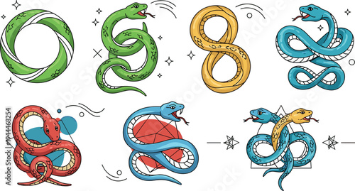 Snake Infinity Symbol Cartoon Vector Set with Colorful Serpent Shapes Forming Number Eight and Endless Loop Animal Illustration Collection