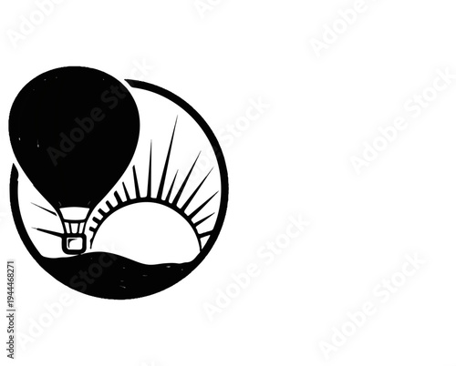 A hot air balloon ascends over a stylized sunrise and rolling hills