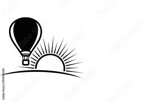 A hot air balloon floats over a rising sun and wavy horizon