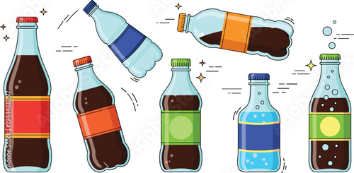 Soft Drink Soda Bottle Cartoon Vector Set with Plastic Beverage Bottles for Cola, Sparkling Water, and Refreshing Drink Illustration Collection