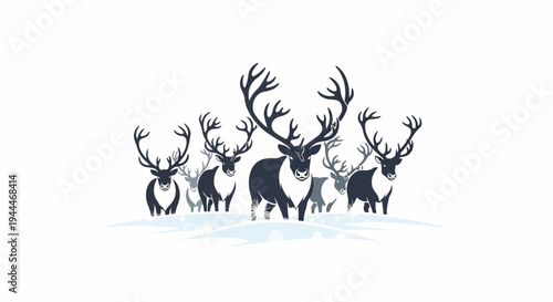 A herd of reindeer with large antlers stands in the snow