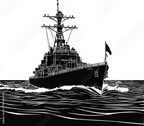 Powerful warship sailing through turbulent seas under a dramatic sky