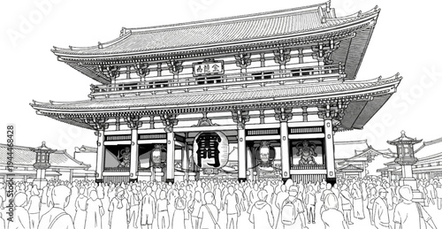 A large, ornate, multi-tiered traditional Asian building with a crowd gathered