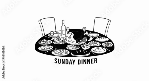 A lavish table spread with roast, vegetables, bread, and drinks awaits