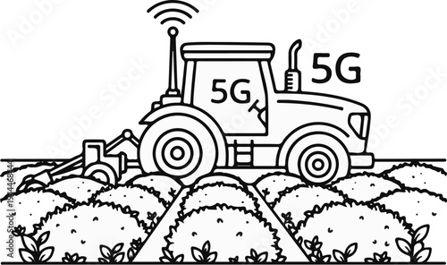 Modern tractor with 5G antenna plowing fertile fields