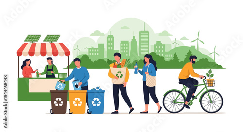 Green Sustainable City Life: People Embrace Eco-Friendly Habits, Recycling, Renewable Energy, and Conscious Consumption in Urban Environment