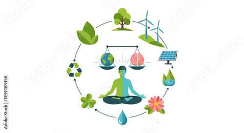 Holistic Well-being & Sustainability Cycle: Mind, Nature, Renewable Energy & Eco-friendly Balance