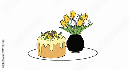 A lemon-decorated cake sits beside a vase of yellow and white tulips