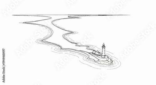 A lighthouse stands on a rocky island, with a winding river leading to it