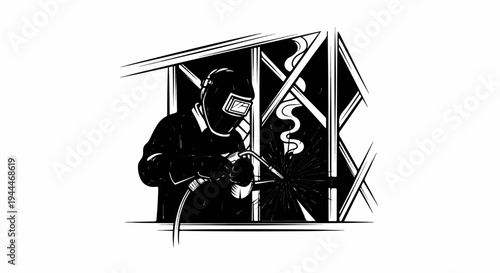 Person in protective gear welding a metal structure, sparks flying