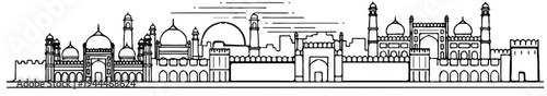 A line drawing of a grand architectural complex with domes, towers, and walls