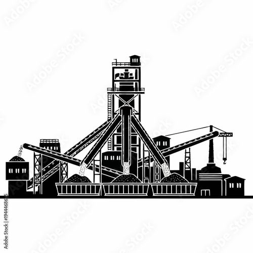 Industrial Mining Facility Silhouette with Conveyor Belts and Hoppers.