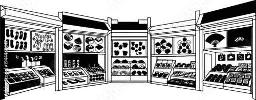 A retail display of food items, clothing, and decorative fans