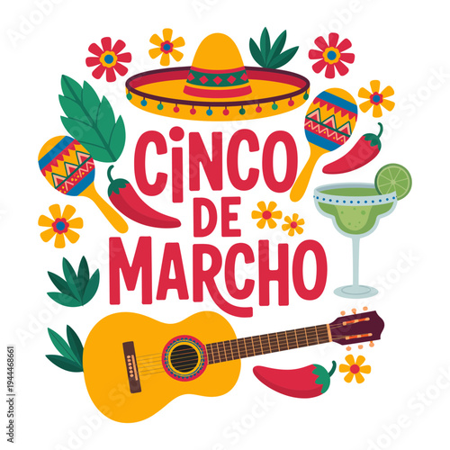 Cinco de Mayo celebration with colorful Mexican icons and text