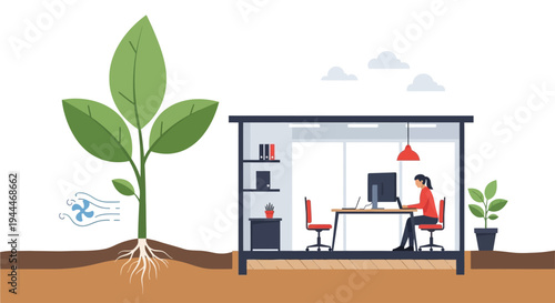 Sustainable Green Office Concept with Fresh Air & Employee Well-being. Eco-Friendly Workplace Design for Growth.
