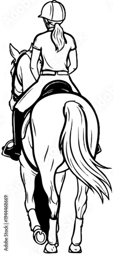 Person in riding gear on horseback, back view, line art