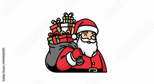 A cheerful cartoon Santa Claus carries a sack full of gifts, ready to deliver joy