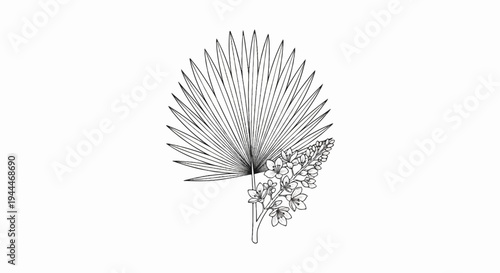 A delicate line drawing of a palmate leaf adorned with small flowers