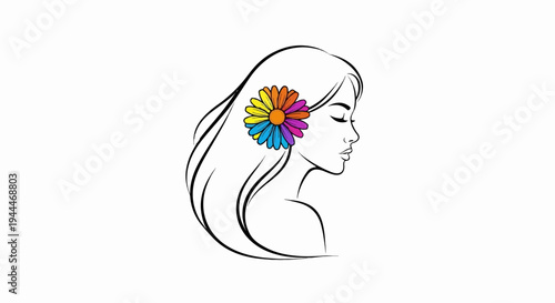 Outline of a woman's profile with a colorful flower in her hair