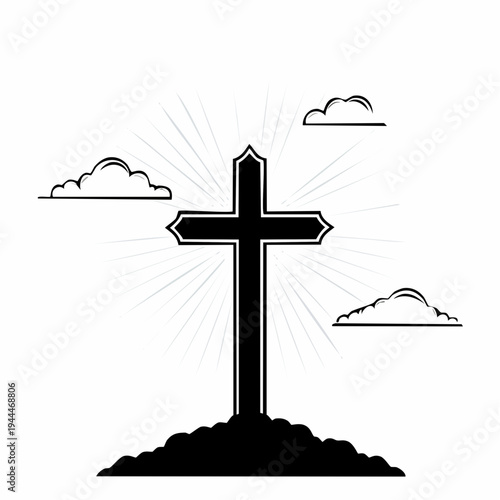 Jesus Christ on the cross silhouetted against the sky with heavenly light and a symbol of Christian faith