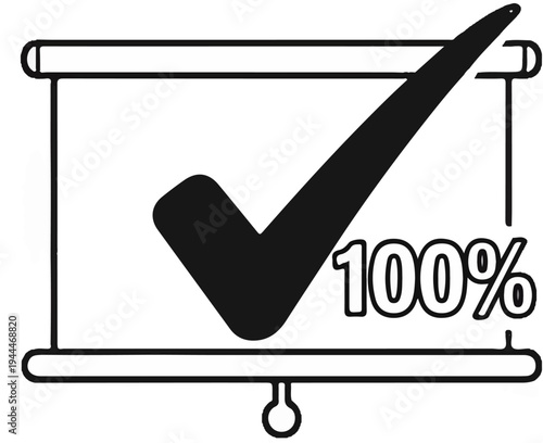 A checkmark and "100%" overlaid on a projection screen