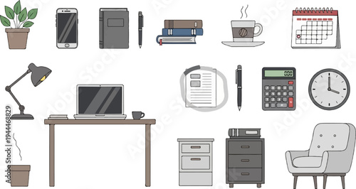 A collection of office supplies including a plant, phone, books, and desk items