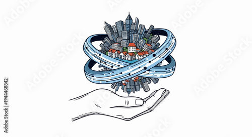 A hand cradles a miniature, futuristic city encased in rings