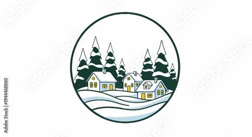 A charming winter village scene with snow-covered houses and pine trees