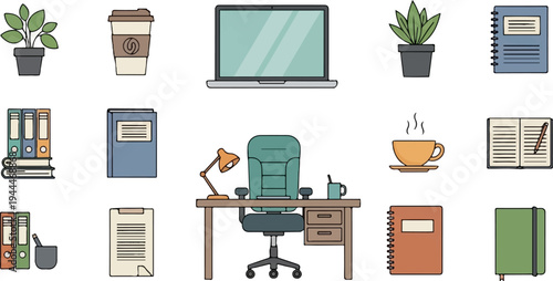 A collection of office supplies, including plants, stationery, and coffee