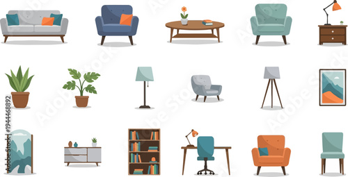 A collection of pixel art furniture and decor items