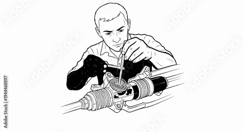 Man in work clothes and gloves meticulously inspects car steering rack