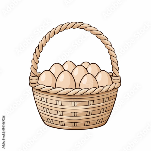 Handwoven wicker basket filled with eggs isolated vector illustration.