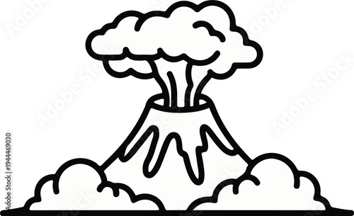 Outline of an erupting volcano with smoke billowing upwards and around
