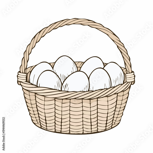 Hand drawn wicker basket filled with eggs.