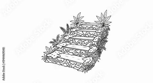 A charming, hand-drawn depiction of stone steps enveloped by lush foliage and greenery