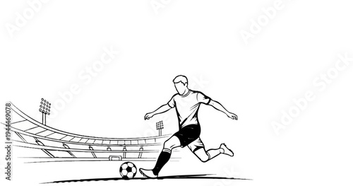A minimalist ink sketch shows a soccer player kicking a ball near a stadium