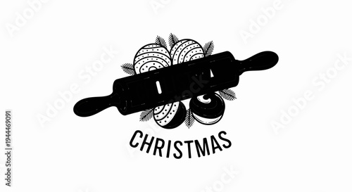 A rolling pin is displayed with festive ornaments and evergreen sprigs