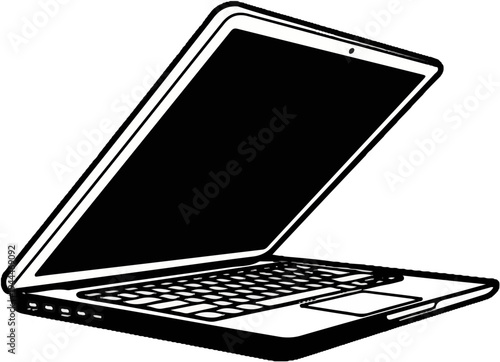 Open laptop with black screen, keyboard, and trackpad, isolated on white