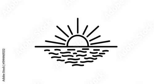 A minimalist line art icon of a sun rising over wavy water