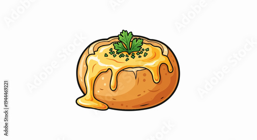 A round loaf of bread overflowing with melted cheese and garnished with parsley