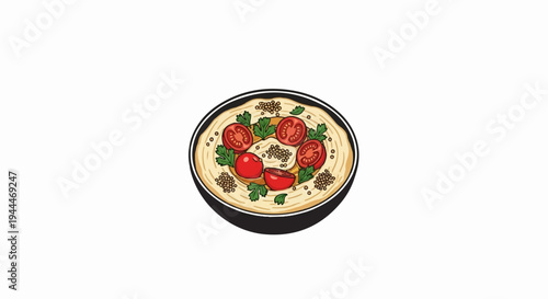 A round bowl of creamy hummus topped with fresh tomatoes, parsley, and spices