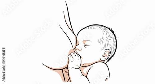 A minimalist line drawing depicts a newborn baby nursing from its mother