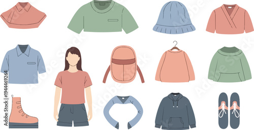 A collection of simple, flat-design clothing items and accessories for casual wear