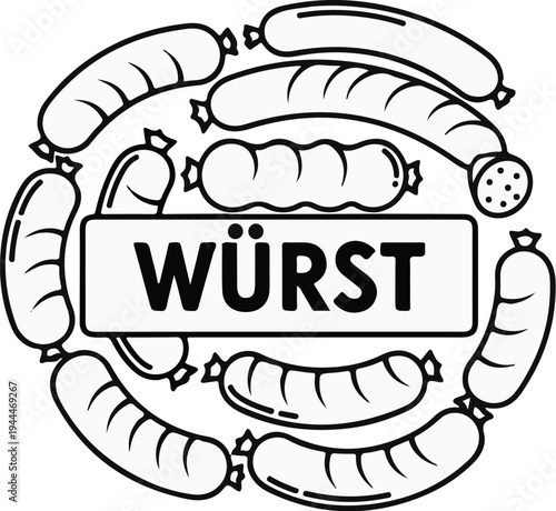 A circular emblem features various sausages arranged around a central sign reading "WÜRST