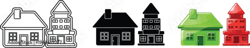 Set of various building icons featuring house and apartment symbols in outline solid black and vibrant color variations perfect for real estate and urban planning projects