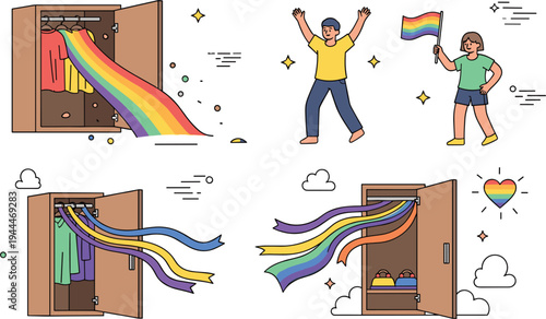 LGBTQ Pride Rainbow Coming Out Concept Cartoon Vector Set with Closet Doors, Pride Flags, and Identity Freedom Illustration