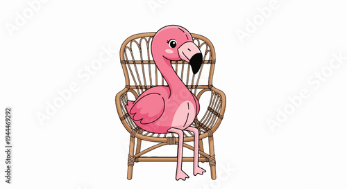 A charming cartoon flamingo sits comfortably in a woven wicker chair