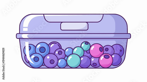 A clear plastic container filled with colorful, round berries