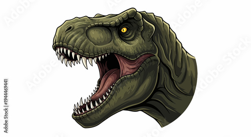 A close up, detailed illustration of a fierce, green dinosaur head with bared teeth