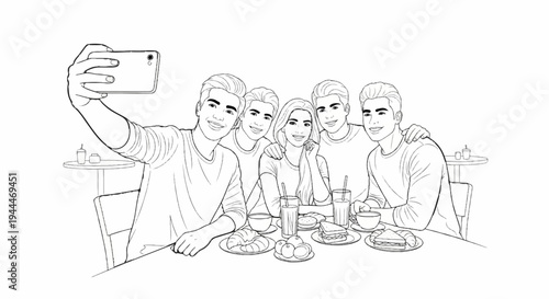A group of friends takes a selfie while enjoying a meal at a cafe